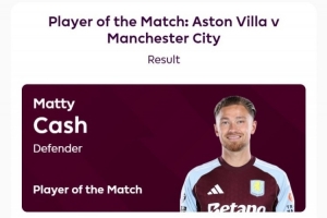 打進(jìn)制勝球，卡什當(dāng)選維拉vs曼城全場最佳球員