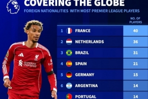 英超各國外援?dāng)?shù)：法國40人、荷蘭36人、巴西31人、西班牙21人