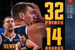 32+14+14！掘金發(fā)布約基奇數(shù)據(jù)海報：這些都是32分鐘里做到的