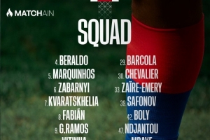 巴黎客戰(zhàn)里昂大名單：K77領(lǐng)銜，阿什拉夫、登貝萊、門德斯缺席