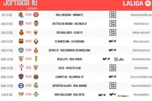 西甲第16輪時(shí)間：巴薩12月14日01:30對(duì)陣奧薩蘇納，皇馬15日出戰(zhàn)