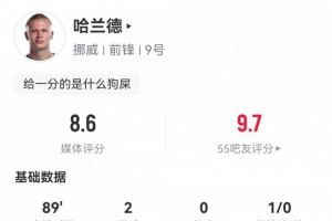 2分鐘2球！哈蘭德數(shù)據(jù)：2射2正2進(jìn)球，5次成功對(duì)抗，評(píng)分8.6