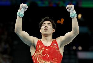 張博恒14.860分奪得全運(yùn)會(huì)男子單杠冠軍，鶴翔亞軍、肖若騰季軍