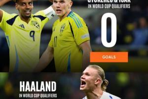 檔次差距？哈蘭德8場(chǎng)16球頭名進(jìn)世界杯，瑞典2.7億鋒線4場(chǎng)1球墊底