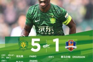 中超聯(lián)賽第30輪，北京國安主場5-1戰(zhàn)勝梅州客家