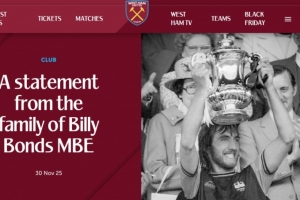 西漢姆聯(lián)官方：俱樂部傳奇、隊史出場王比利·邦茲去世，享年79歲