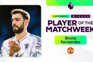 官方：B費當選英超第13輪最佳球員，對陣水晶宮送出2次助攻