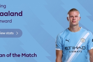 解鎖英超百球+造3球！英超官方：哈蘭德當(dāng)選富勒姆vs曼城全場MVP