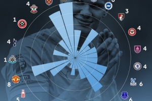 英超官方曬哈蘭德百球分布：對(duì)狼隊(duì)10球最多，曼聯(lián)8球、槍手5球