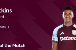 梅開二度助球隊(duì)逆轉(zhuǎn)，官方：沃特金斯當(dāng)選維拉4-3布萊頓最佳球員