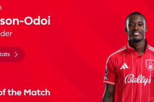 2球1助攻，官方：藍(lán)軍舊將奧多伊當(dāng)選諾丁漢森林3-0熱刺全場最佳